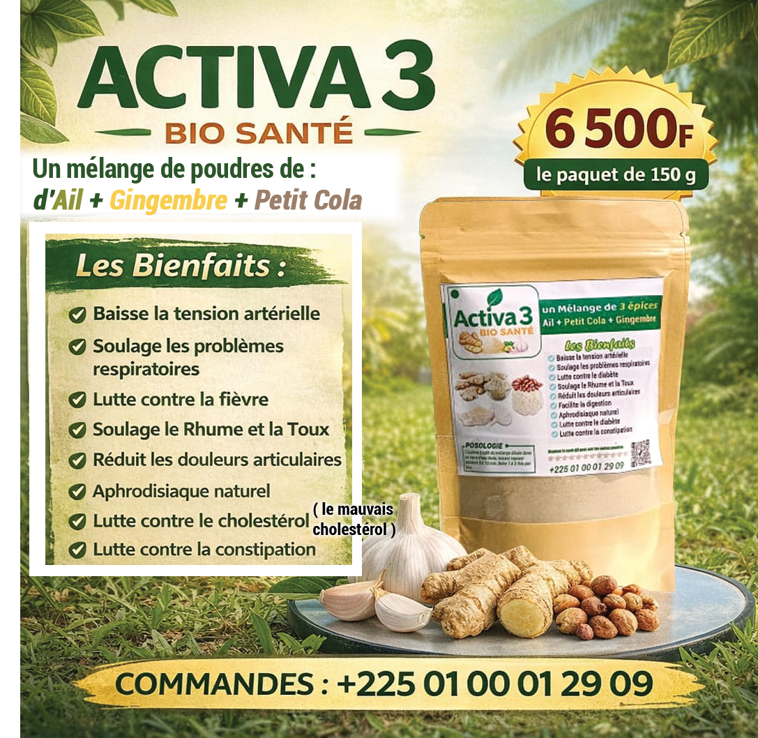 POUDRE ACTIVA 3 ( un mélange de Ail + Gingembre+ Petit Cola) 150g à 5000 FCFA.
