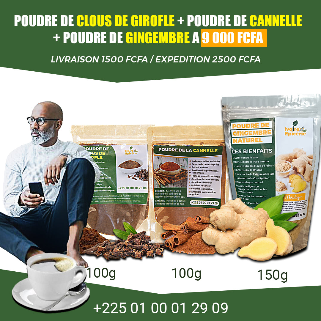 PACKDE POUDRE DE : CLOUS DE GIROFLE + CANNELLE + GINGEMBRE