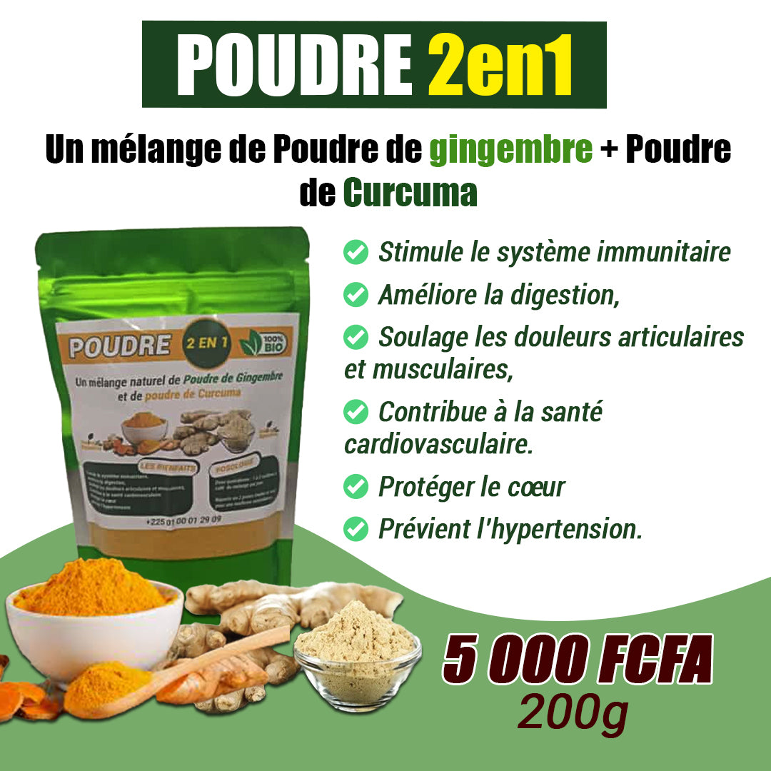 POUDRE 2 EN 1 (200g) Un mélange de Gingembre et curcuma