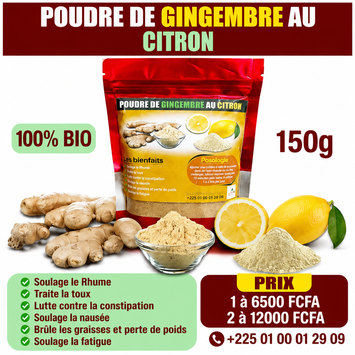POUDRE DE GINGEMBRE AU CITRON 150g
