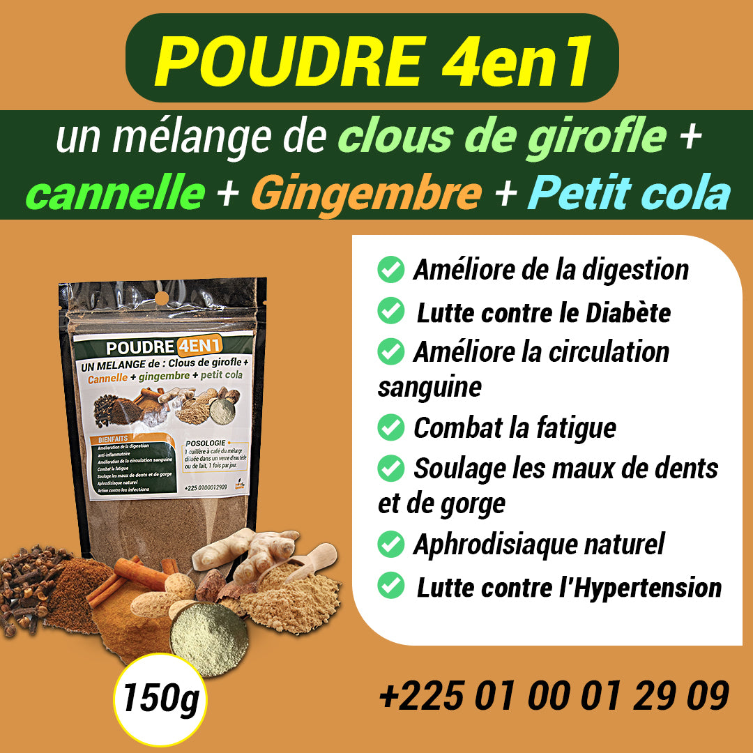 POUDRE 4 EN 1 : MELANGE de Gingembre , petit cola, clous de girofle et cannelle