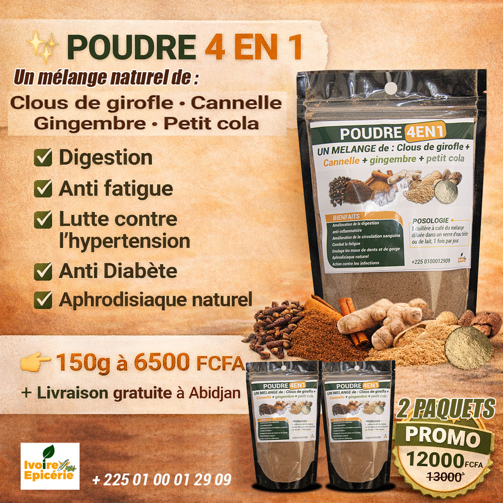 POUDRE 4 EN 1 : Un mélange de Clous de Girofle + Cannelle + Gingembre + Petit Cola (👉 LIVRAISON GRATUITE )